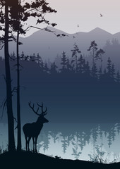 Vector illustration with beautiful natural background. Deer by the lake, in the distance a pine forest on a background of mountains