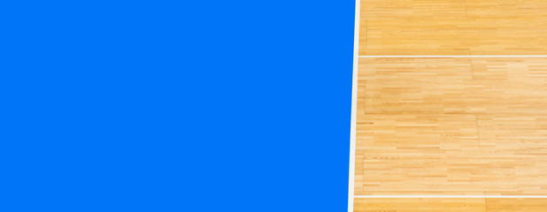 wooden parquet  sport and blue background with copy space for text and advertisment.