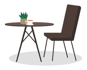 Empty chair and dining or office table with cup of hot beverage and houseplant isolated on white. Nobody sitting place and espresso drink with plant symbol element of kitchen interior vector