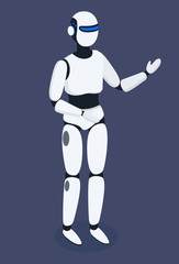 Robot cybernetic organism, humanoid robot, futuristic technologies vector. Artificial intelligence technology, robot device with AI, virtual interface. Cyborg or android model with hands and legs