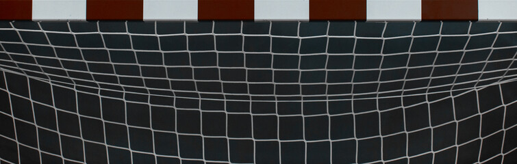 Gate for futsal or handball in gym. Detail of gate frame and net. Outdoor football or handball...