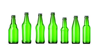 Vector of a range of various shaped green glass beer bottles