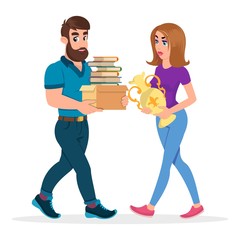 Young family preparing to moving out or helping friends, relatives to relocation. Divorced couple breaking up and parting. Collecting things. Vector cartoon illustration isolated on white background.
