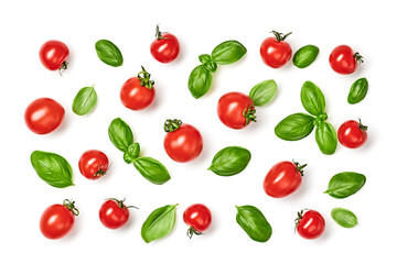 Tomato, basil . Vegan diet food, creative cherry tomato composition isolated on white. Fresh basil, tomatoes pattern layout, cooking concept, top view.