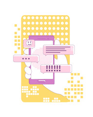 Instant messaging marketing thin line concept vector illustration. User holding smartphone 2D cartoon character for web design. Social media communication, online chat advertising creative idea