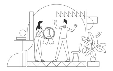 Employee recognition award thin line vector illustration. Employer and best worker outline characters on white background. Staff motivation, talent appreciation, HR management simple style drawing