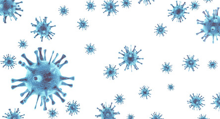 Bacteria of viruses, close up. Microscopic blue bacteria of coronavirus isolated on white background. 3d illustration