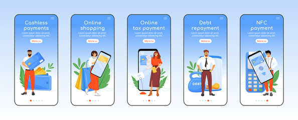 Modern tax payment system onboarding mobile app screen flat vector template. Financial technology walkthrough website steps with characters. UX, UI, GUI smartphone cartoon interface, case prints set