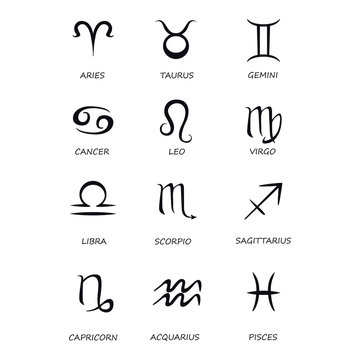 Twelve zodiac signs black vector illustrations set. Celestial symbols with names for horoscope. Pisces, Aries, Libra astrological silhouette signs. Virgo, Scorpio symbols glyph icons pack