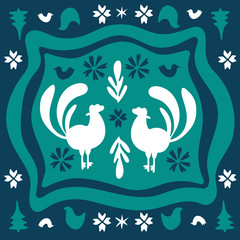 Farm roosters folk doodle art. Ethno style folklore cliparts. Holiday original flat square folk rustic tiles. Traditional shapes in blue and green colors. Folklore cliparts for notebook, tile, napkins