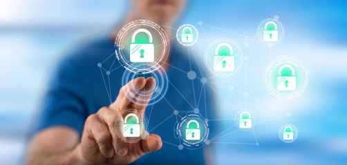 Man touching a network safety concept
