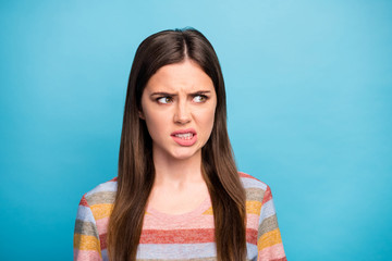 Close-up portrait of her she nice-looking mad sullen lovely pretty cute dissatisfied girl dislike...