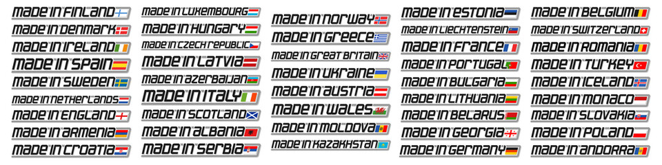 Vector set of European Countries Flags, 44 decorative isolated titles with national state flags and original letters for different words made in , industry design export nameplates with european flags