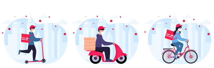 COVID-19. Coronavirus epidemic. Delivery service. Couriers in protective masks on a bicycle, scooter, motorcycle deliver goods and food to people in quarantine. Stay home concept.