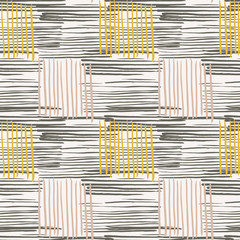 Abstract painted lines check seamless vector pattern. Checks created with painted lines in black, pink and yellow on white background. 