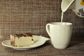 cup, milk, cake, food, dessert, breakfast, drink, chocolate, white, plate, beverage, cream, pie, delicious, pastry, saucer, fresh, piece, morning
