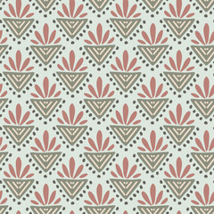 Folk floral pot seamless vector pattern. Floral pot motif painted in folk style with a  subtle color palette of pinks and greens on baby blue background. 