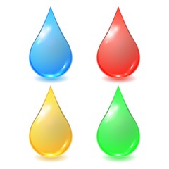 Vector set of different drops - red blood, blue water, yellow honey or oil and green organic droplet. Realistic illustration. Ready icon color paint.