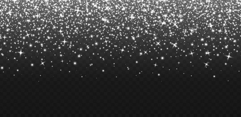 Falling silver sparkles, abstract luminous particles, white stardust isolated on a dark background. Flying Christmas glares and sparks. Luxury backdrop. Vector illustration.