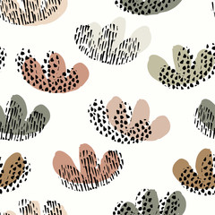 Inky textured catus seamless vector pattern. Simple cacti with black inky texture on top  in pastel palette with white background. 