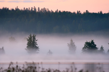 Foggy summer landscape by the lake in Finland after sunset