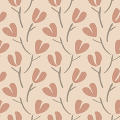 Cute heart flower branches seamless vector pattern. Hand painted pink heart shaped flowers with loose branches on cream background. 