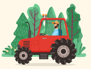 Obraz na płótnie Canvas Man driving tractor on road in countryside. Red agriculture machinery with big wheels. Farm vehicle used to mechanize agricultural tasks. Beautiful landscape with green trees. Vector illustration