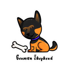 Flat Illustration Design of Dog Breeds, Cute,Big Head,Icon,Mascot in White Background, German Shepherd