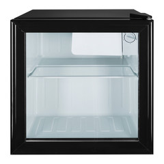small black refrigerator or mini bar, with a glass door, frontal location, the door is closed, on a...