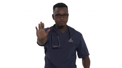 Professional doctor showing rejecting gesture by stop palm sign and crossed arms gesture. Isolated on white background - Powered by Adobe