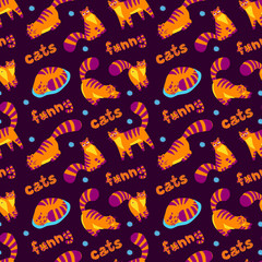 Cute orange funny cats different poses, colorful illustration seamless pattern. Lovely cat. Greeting cards, posters, banners. Vector