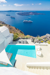 Luxury summer travel and vacation landscape. Swimming pool with sea view. White architecture on...