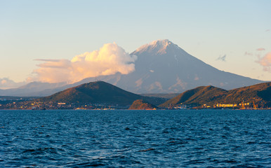 View from Avacha Bay to Petropavlovsk-Kamchatsky, Kamchatka. Evening.
