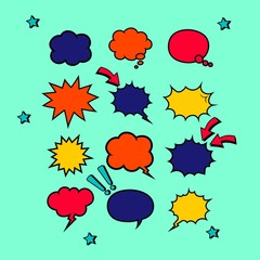 Retro empty comic bubbles in bright colors or speech and thought icon set on isolated background. Pop art style, vintage design. EPS 10 vector.