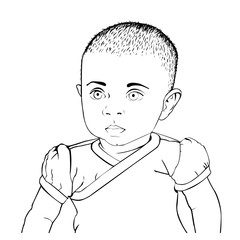 Vector black and white illustration of baby in a t-shirt. Sketch linear, hand drawn style