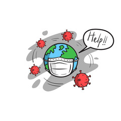 Earth Need Help Illustration, Virus, Sick, Flu, Mask, Respiratory Flaton Desig