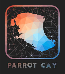 Parrot Cay map design. Vector low poly map of the island. Parrot Cay icon in geometric style. The island shape with polygnal gradient and mesh on dark background.