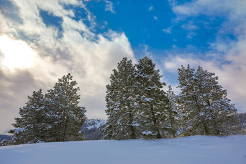 Winter American small town covered in snow in the mountains close to Seattle.