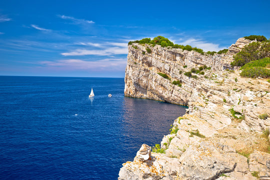 Kornati archipelago national park. Spectacular cliffs of Telascica bay above blue Adriatic sea