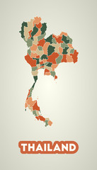 Thailand poster in retro style. Map of the country with regions in autumn color palette. Shape of Thailand with country name. Neat vector illustration.