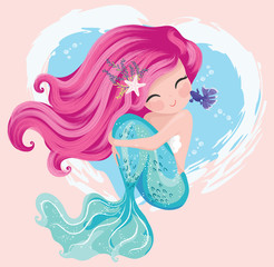 Little cute mermaid with fishes and seashells. Book illustration, fashion artworks, t shirt graphics.