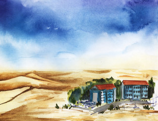 Watercolor landscape of residential complex of two high-rise blue buildings with red roofs, surrounded by green park in middle of vast desert under bright blue sky. Hand drawn abstract illustration