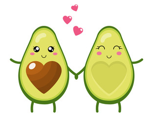 Funny happy cute happy smiling couple of avocado in love. Cute cartoon avocado couple holding hands. Valentine's day greeting card. Vector illustration for any design. - 332611577