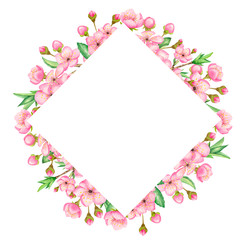 Watercolor frame of cherry blossoms. Hand-drawn illustration of flowers, leaves, and cherry branches on a white background. For invitations, postcards.