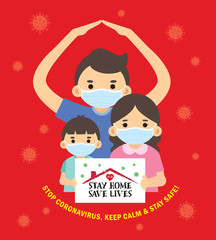 Covid-19 quarantine campaign of stay at home flat design. Cartoon family wearing medical face mask holding sign 