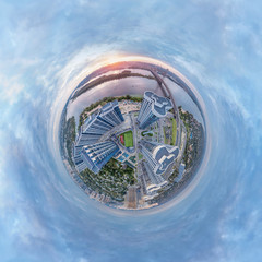 Globe panorama. stereographic projection of bright city with colorful modern buildings. 360 degree...