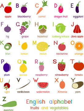 English alphabet with fruits and vegetables for children education
