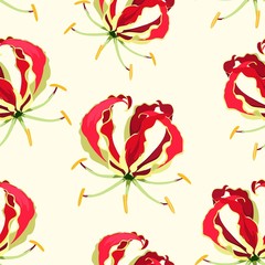 Zimbabwe National Flower glory lily. Summer colorful Hawaiian seamless pattern with tropical plants and Red Gloriosa flowers. 