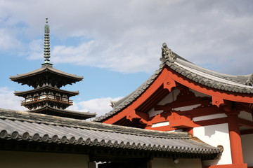 Fototapeta na wymiar Nara,Japan-February 23, 2020: View of Yakushiji temple East Pagoda just after the restoration from the road adjacent to the temple