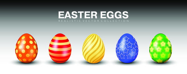 Multicolored realistic 3D easter eggs vector collection. Orange, red, yellow, blue and green eggs with different golden ornaments